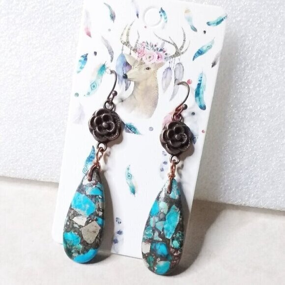 Sea Sediment Jasper & Copper Flower Dangle Earrings - Ultra Feminine + Alluring - Picture 2 of 6